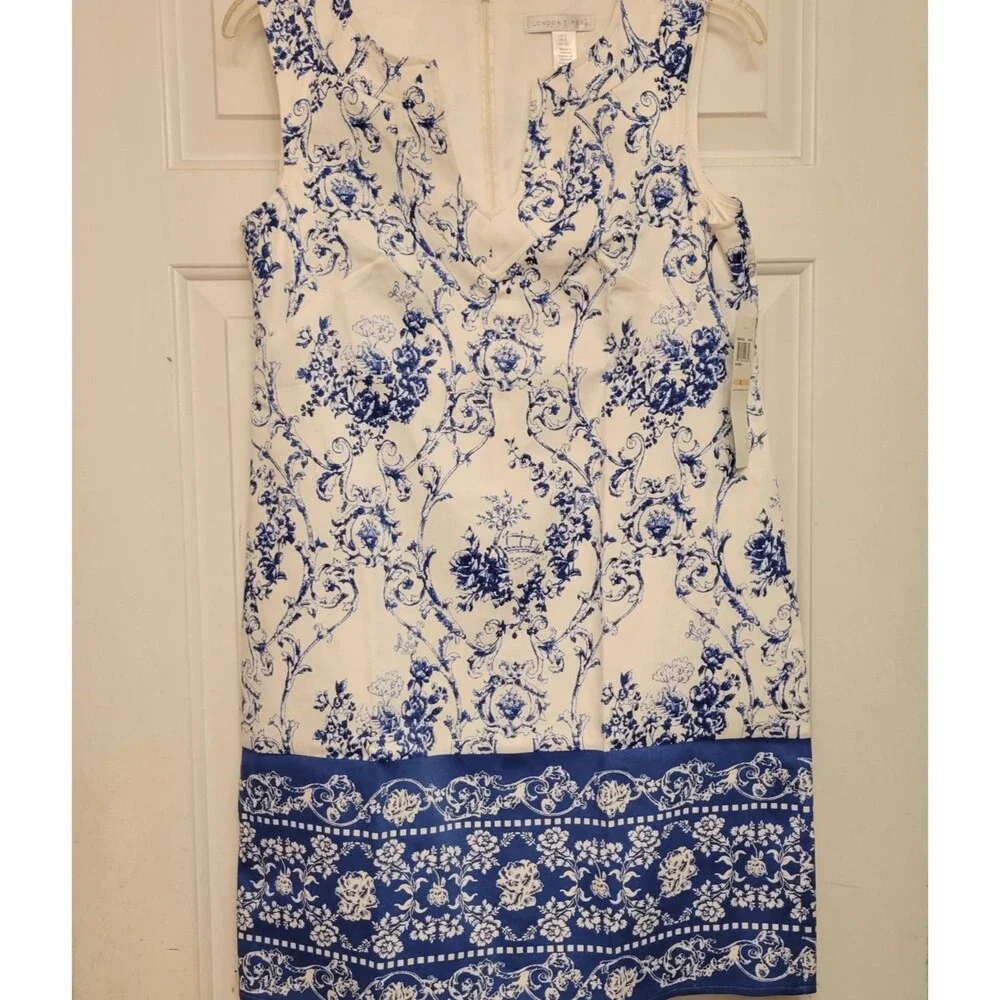 London Times Women's Size 2 Blue White Floral Damask Sleeveless Sheath Dress - Picture 2 of 9